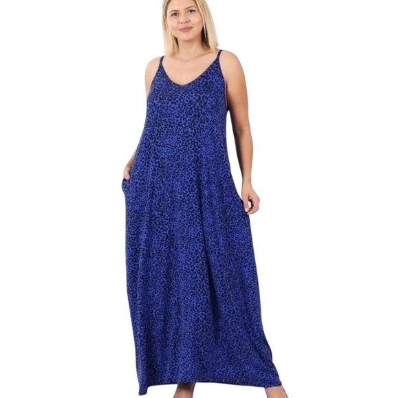 Zenana Bright Blue Leopard Print Cami Spaghetti Strap Maxi Dress Size M - Picture 1 of 6
